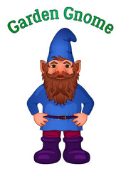 Cartoon Garden Gnome, Funny Fairy Character, Old Bearded Dwarf in Blue Cap and Big Boots, Isolated on White. Vector