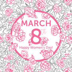 Women's Day Greeting Card. Pattern with Pink Roses