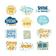 Bundle of spring lettering or inscriptions written with creative fonts and decorated by seasonal elements. Set of handwritten springtime phrases isolated on white background. Vector illustration.