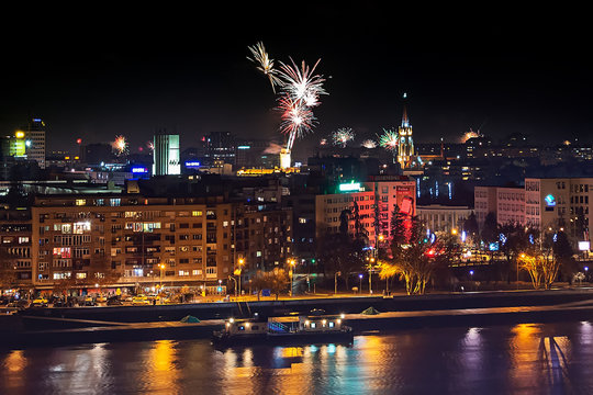 Novi Sad, Serbia - January 01, 2019: Fireworks in Novi Sad, Serbia. New Year's fireworks.