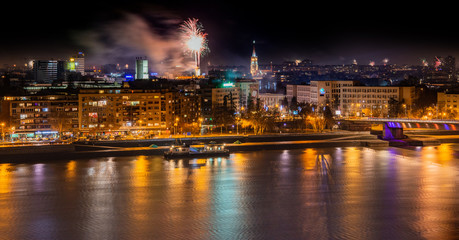 Fototapeta na wymiar Novi Sad, Serbia - January 01, 2019: Fireworks in Novi Sad, Serbia. New Year's fireworks.