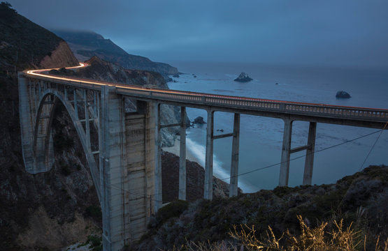 USA, California, Big Sur, Pacific Coast, National Scenic Byway, Bixby Creek Bridge, California State Route , Highway in the evening