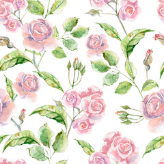 Watercolor seamless pattern with luxery flowers. Roses and herbs
