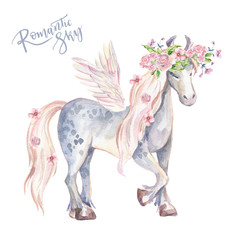 Magic Pegasus. Watercolor illustration, beautiful isolated pony 