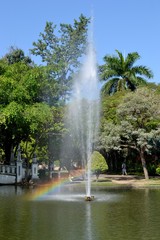 Fototapeta premium The fountain and rainbow in the pond