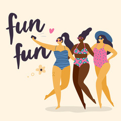 Body positive girls with healthy lifestyle making selfie. Attractive and fun plus size women. Vector illustration can use for print, site, landing page or banner.