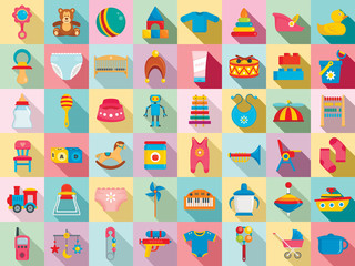 Baby items icon set. Flat set of baby items vector icons for web design