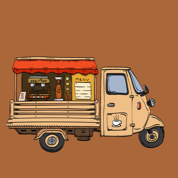 Street coffee truck. Fast delivery van retro design pen drawing vector illustration