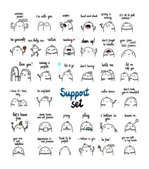 Support and help hand drawn set of illustrations with cute marshmallow in hard times