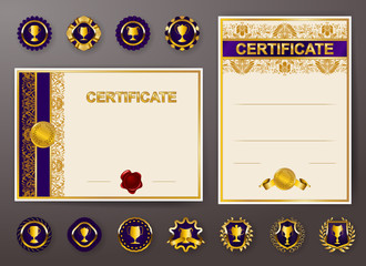 Set of elegant templates of diploma with lace ornament, ribbon, wax seal, drapery fabric, badges, place for text. Certificate of achievement, education, awards, winner.