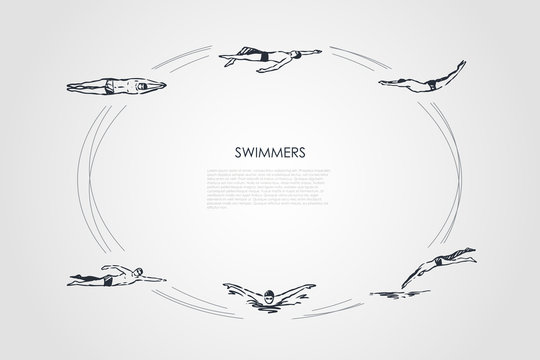 Swimmers - male sportsmen swimming in traditional cap in different poses vector concept set