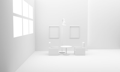 white room interior with furniture. 3d illustration