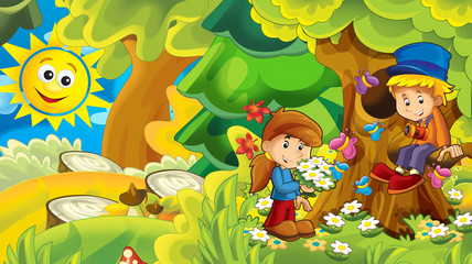 cartoon nature background with kids having fun in the forest - illustration for children