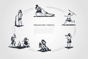 Prehistoric people - men and women aborigines carrying killed animal, throwing spear, standing with bludgeon, processing skin, making fire vector concept set