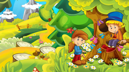 Obraz na płótnie Canvas cartoon autumn nature background in the mountains with kids having fun with space for text - illustration for children