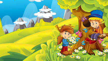 Obraz na płótnie Canvas cartoon autumn nature background in the mountains with kids having fun with space for text - illustration for children