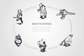 Back to school - cat with satchel, bear with book, bird with bag, panda with schoolbag, hedgehod with heap of books and reading elephant vector concept set