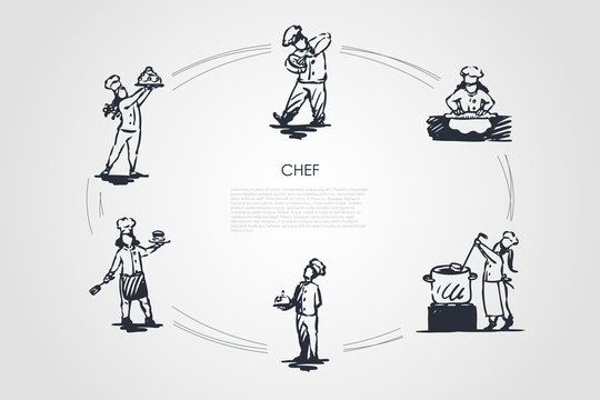 Chef - men and women in special uniform cooking, serving and presenting food vector concept set