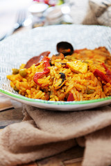 Prawn with rice - closeup of prawn with rice - traditionnal spanish food paella