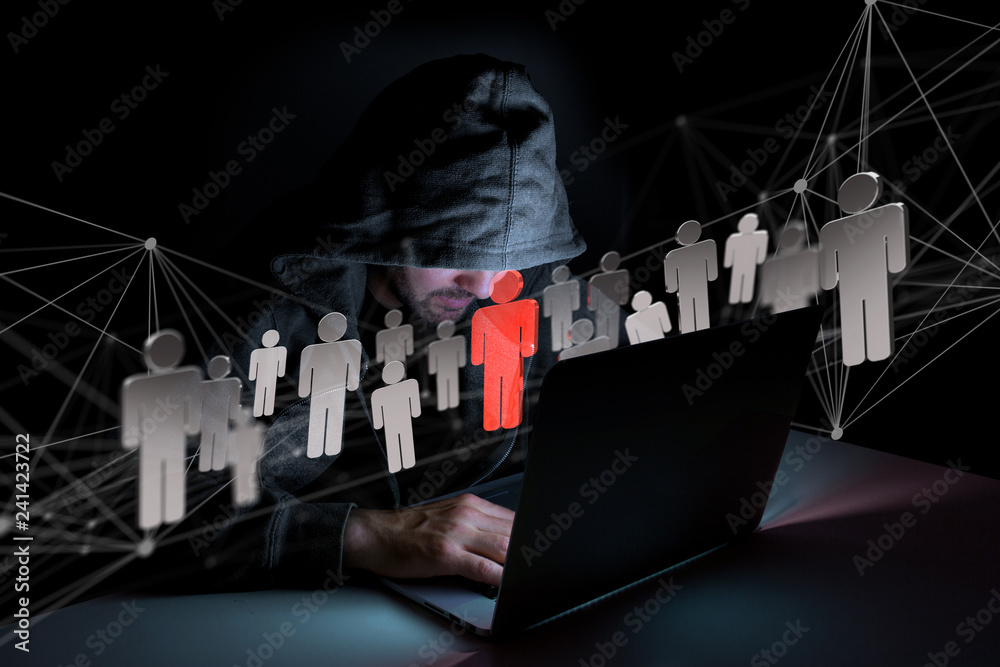 Poster hacker man in the dark using computer to hack data and information system