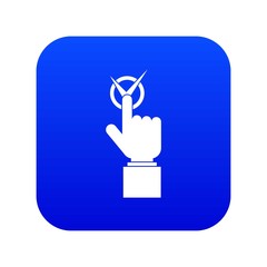 Hand finger pressing button with tick icon digital blue for any design isolated on white vector illustration