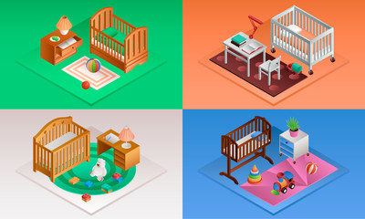 Baby crib banner set. Isometric set of baby crib vector banner for web design