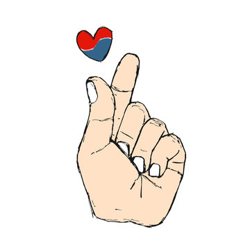 Korean fingers symbol - i love you. Hand drawn St. Valentine red heart sign. Hangul Korea colorful Vector illustration