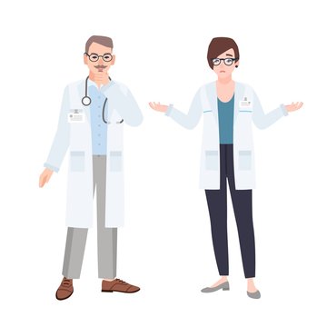 Male and female physicians wearing white coats talking to each other. Professional conversation, dialog or discussion between man and woman doctors or therapists. Flat cartoon vector illustration.