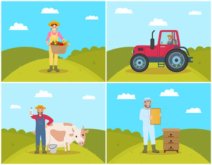 Obraz na płótnie Canvas Farmer Tractor on Field Set Vector Illustration