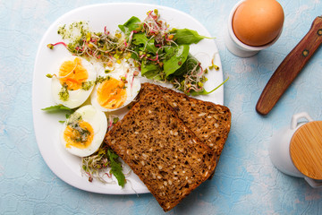 Healthy breakfast: Hard boiled eggs, fresh radish sprouts, arugula and dark whole wheat  bread with herb sauce, on blue background