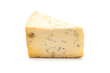 Mature blue stilton cheese isolated on a white studio background.