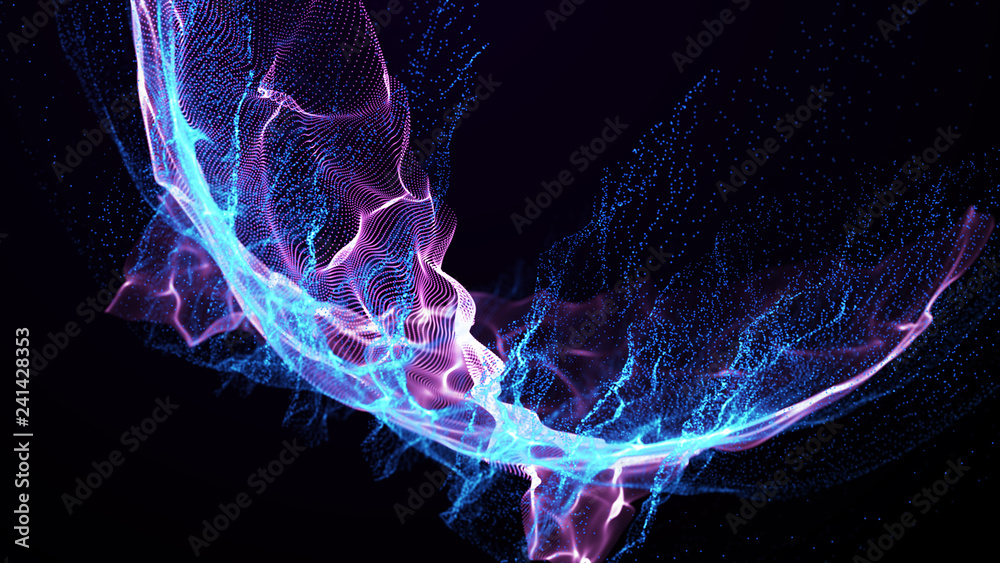 Poster Imitation an abstract wave on dark background. Network Design with Particle. Big data. Abstract bright shine in black space. 3D rendering .