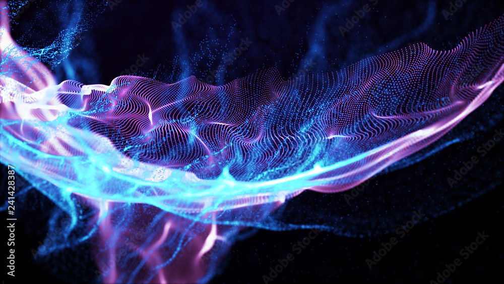 Poster imitation an abstract wave on dark background. network design with particle. big data. abstract brig