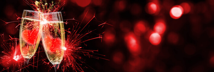 Sparkling wine, hearts, sparklers - Valentine's Day background