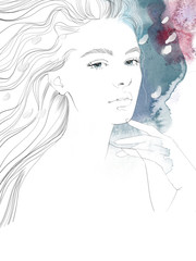 Young beautiful woman fashion-illustration watercolour draw portrait