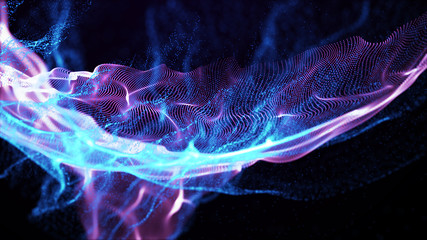 Imitation an abstract wave on dark background. Network Design with Particle. Big data. Abstract...