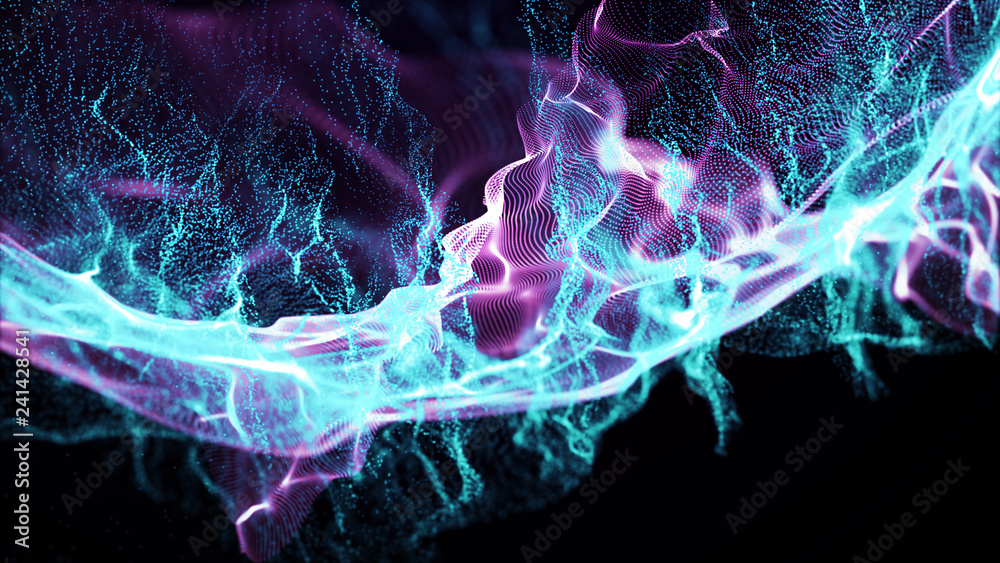 Poster Imitation an abstract wave on dark background. Network Design with Particle. Big data. Abstract bright shine in black space. 3D rendering .