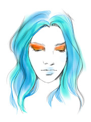 Young beautiful woman fashion-illustration watercolour draw portrait 