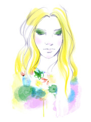 Young beautiful woman fashion-illustration watercolour draw portrait 