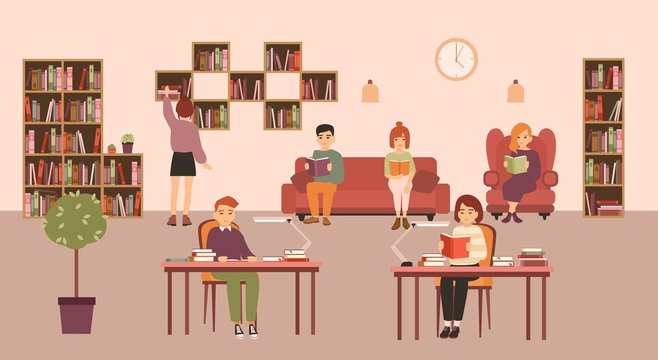 Smart people or students reading and studying at public library. Men and women sitting at desks and on sofa surrounded by shelves and racks with books. Flat cartoon colorful vector illustration.