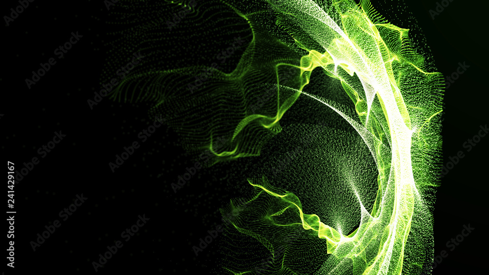 Poster Imitation an abstract wave on dark background. Network Design with Particle. Big data. Abstract bright shine in black space. 3D rendering .