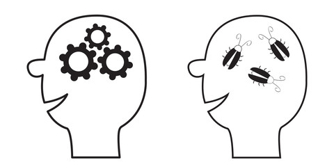 Human head face icon. Black line silhouette. Gears wheels inside brain. Team work business concept. Cockroach bugs. Thinking process. Flat design. Isolated. White background.