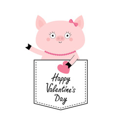 Happy Valentines Day. Pig face head in the pocket. Pink heart. Cute cartoon animals. Piggy piglet character. Dash line. White and black color. T-shirt design. Baby background. Flat design.