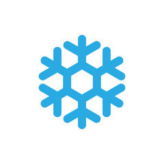 Snowflake icon. Blue silhouette snow flake sign, isolated on white background. Flat design. Symbol of winter, frozen, Christmas, New Year holiday. Graphic element decoration. Vector illustration