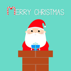 Merry Christmas. Santa Claus in the roof chimney holding gift box. Red hat, costume, beard. Happy New Year. Cute cartoon kawaii funny character. Blue background. Flat design.