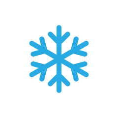 Snowflake icon. Blue silhouette snow flake sign, isolated on white background. Flat design. Symbol of winter, frozen, Christmas, New Year holiday. Graphic element decoration. Vector illustration