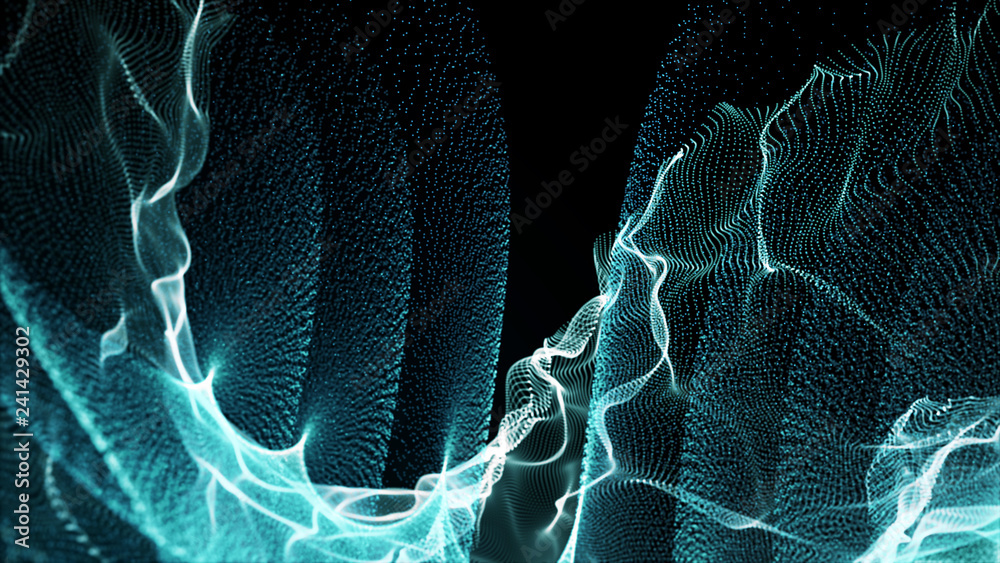 Poster imitation an abstract wave on dark background. network design with particle. big data. abstract brig