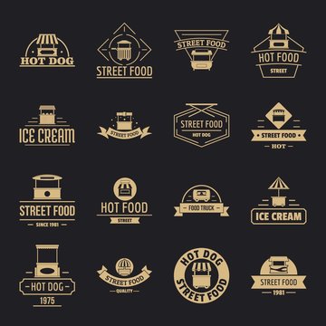 Street food logo icons set. Simple illustration of 16 street food logo vector icons for web
