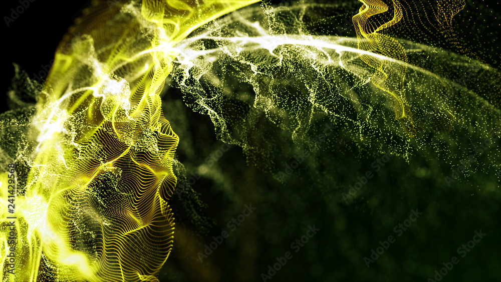 Poster imitation an abstract wave on dark background. network design with particle. big data. abstract brig