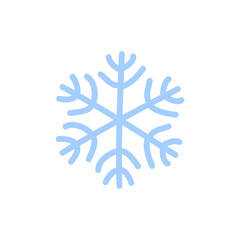 Snowflake icon. Blue silhouette snow flake sign, isolated on white background. Flat design. Symbol of winter, frozen, Christmas, New Year holiday. Graphic element decoration. Vector illustration